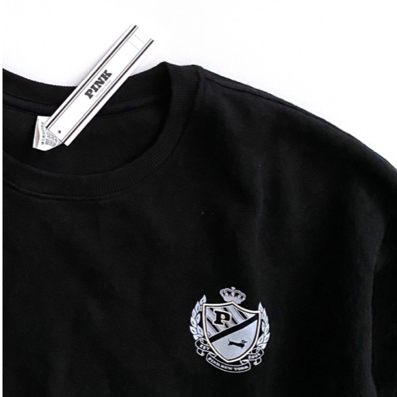 PINK Victoria's Secret Sweatshirt Sweater Fleece Black Pullover Crewneck Nwt M - Picture 2 of 3